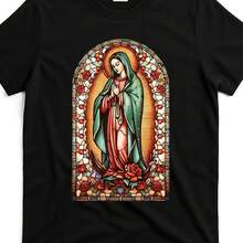 Camiseta de Mujer con Gráfico de la Santa Virgen de Guadalupe |   Mismo Estilo para Hombre y Mujer, Camiseta Estampada de Manga Corta Verano 2025, 220G Puro, Cuello Redondo, Corte Regular, Estilo Vintage - Negro - Ver 6
