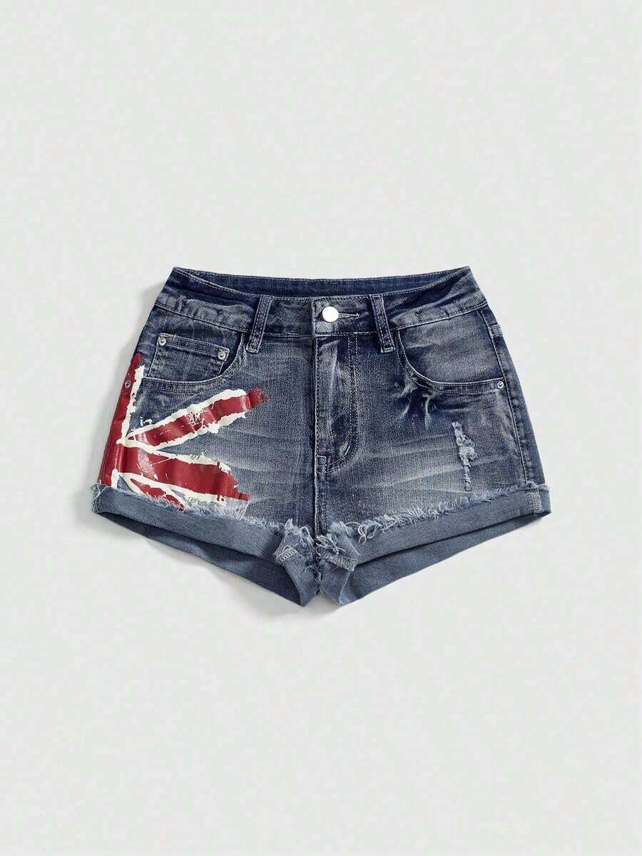 Grunge Punk Shorts vaqueros de cintura baja con estampado de bandera nacional de estilo vintage Y2K sexy para mujeres, para conciertos y festivales de verano - Azul lavado oscuro - Ver 1