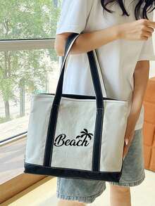 Bolso de hombro de lona para mujer, estampado con "Playa" y patrón de árbol de coco, estilo primavera/verano, gran capacidad, adecuado para uso casual en la escuela o el trabajo, mochila, gran capacidad, portátil, adecuado para estudiantes universitarias - Multicolor - Ver 8
