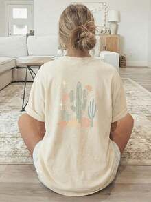 Women's Short-Sleeve Blouses Plus Size Short-Sleeve T-Shirt For Women - Double-Sided Cactus And Starry Sky Print Crew Neck Blouse - Compatible Top | Loose Fit, Casual, Machine Washable, Suitable For All Seasons, Spring And Summer Wardrobe Essential. Gym Y2k Crew Neck 100% Cotton Soft Fabric Short Sleeve Breathable And Cool May Festival Mother's Day Father's Day Unisex 100% Cotton - 杏 - 查看 3