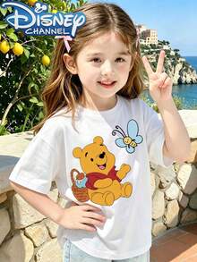 Winnie The Pooh And Butterflies - A Cute, Fresh, And Stylish Disney Girls' Round Neck T-Shirt Made Of 100% Pure Cotton. It Is An Ideal Choice For Daily Wear, Holiday Leisure, Outdoor Exploration, School Life, And Shopping Trips, And It's Also A Must-Have Item For Summer. It Makes An Excellent Disney Gift For Both Girls And Boys. - 白色 - 查看 2