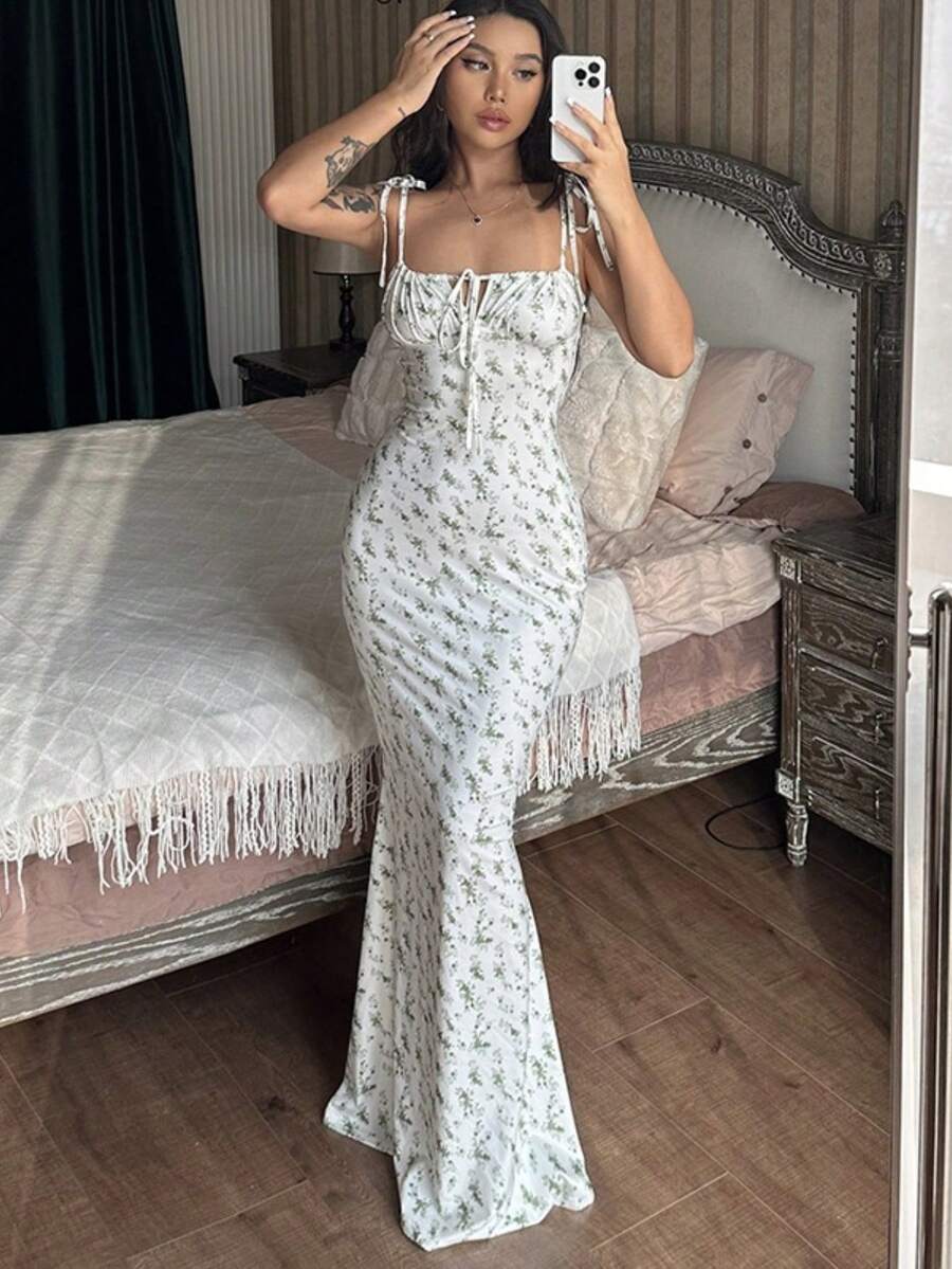 Popular Style Of Women's Long Dress With Small Floral Print - 綠色 - 查看 1