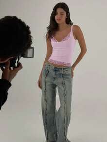 Blusa Sin Mangas Color Liso con Bordes de Encaje para Chicas - Rosa - Ver 5
