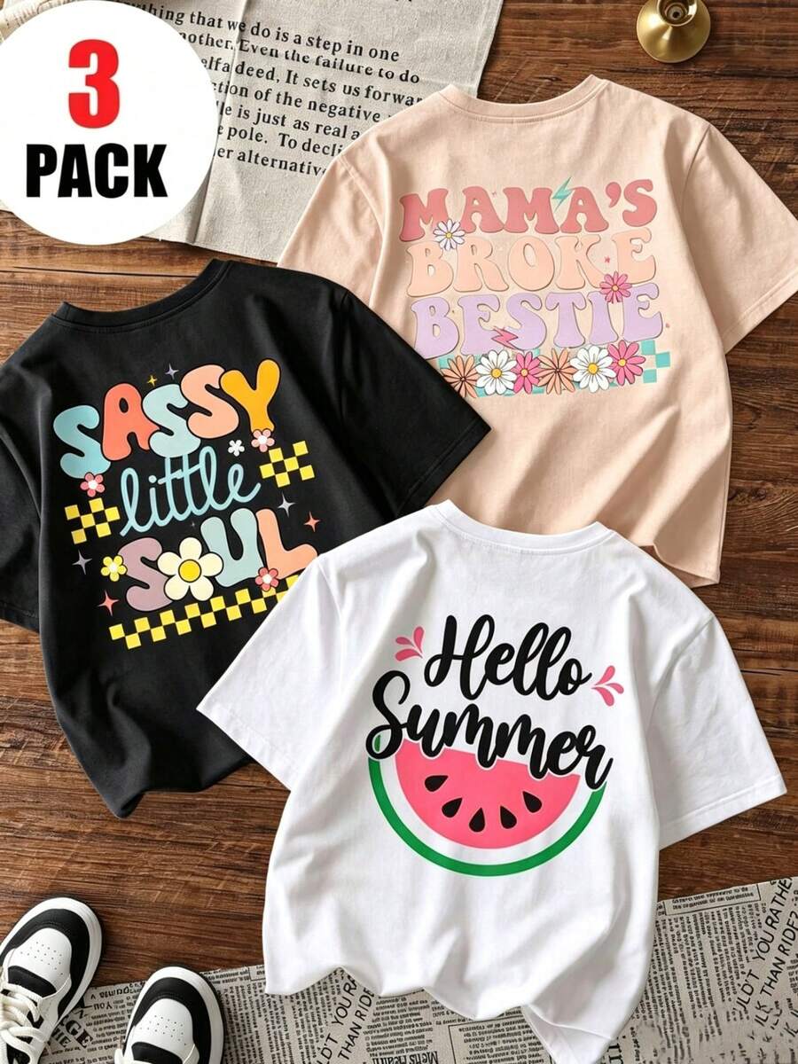 Single Garment Set, Not A 3-Piece Set, 1 Piece/Set Of Short-Sleeved T-Shirts Suitable For Streetwear, Top Oversized Round Neck Daily Outings, Camping, Concerts, Hip-Hop, Rock, And Rap Events Short-Sleeved T-Shirts With Round Neck And Floral Print For Girls, Summer Clothes For Young Students. - 白色 - 查看 1