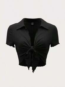 Top crop ribete en forma de lechuga con nudo delantero - Negro - Ver 1