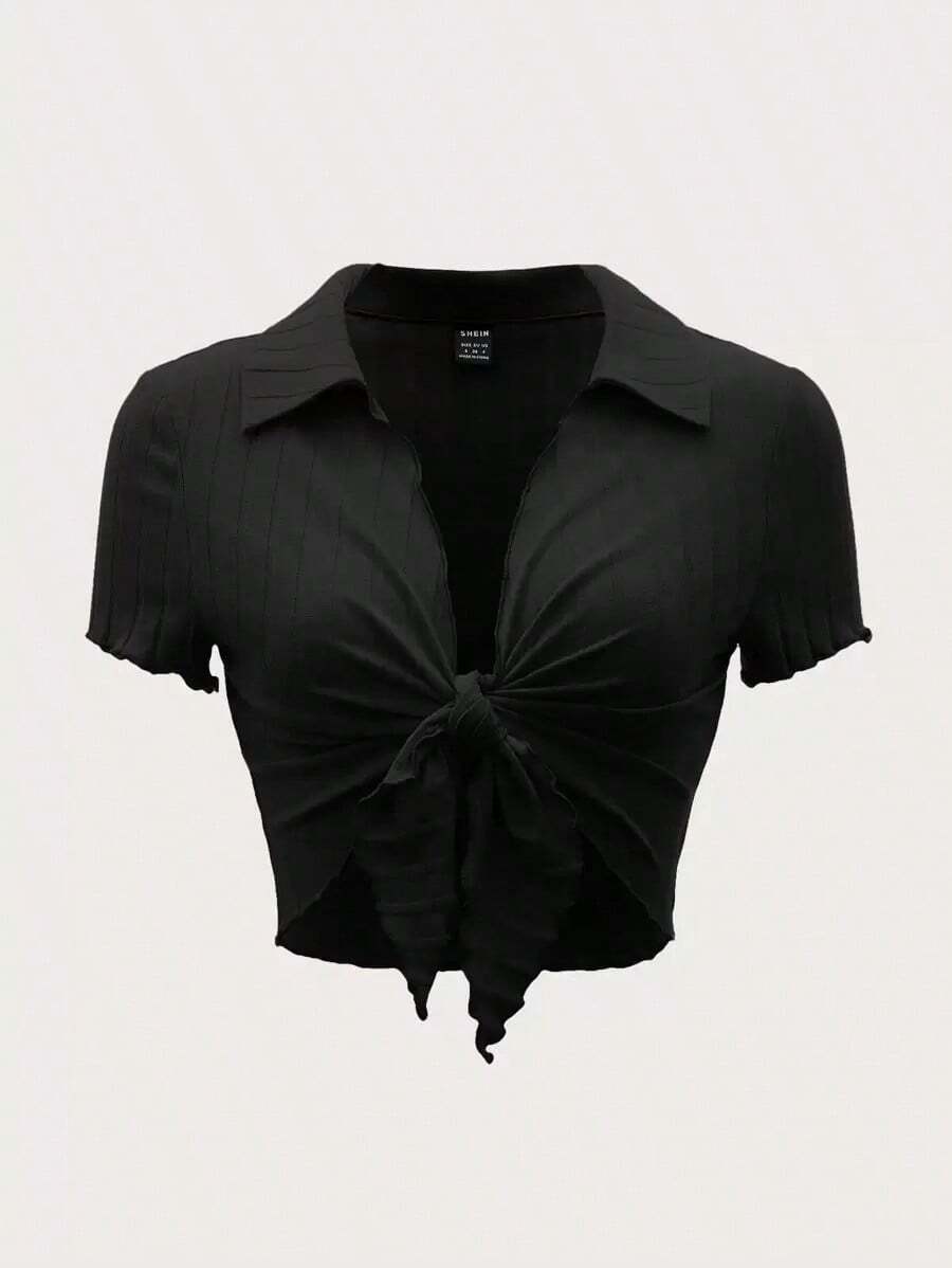 Top crop ribete en forma de lechuga con nudo delantero - Negro - Ver 1