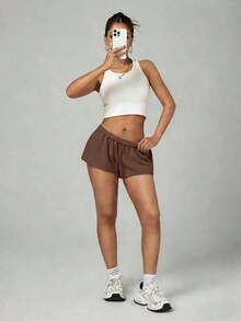 Pantalones cortos casuales sueltos de cintura elástica de unicolor para mujer - Marrón - Ver 6
