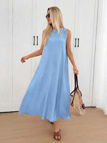 Vestido midi holgado sin mangas con espalda plisada, bajo irregular, silueta en A, tela de crepé texturizada, uso casual, relajado y elegante para la oficina/vacaciones para mujeres, primavera/verano - Azul - Ver 2