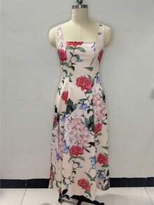 Vestido largo de tirantes estilo francés retro verano 2026, estampado y favorecedor para mujer europea y americana. - Rojo - Ver 6