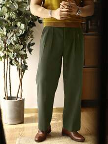 Pantalones de traje de hombre de corte recto y delgado con pliegues de unicolor - Verde militar - Ver 6