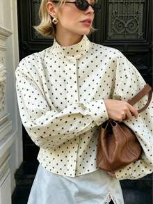 Women's Polka Dot High-Neck Long-Sleeve Shirt Jacket, Featuring Hidden Button Details, And A Minimalist Silhouette White - White - View 4