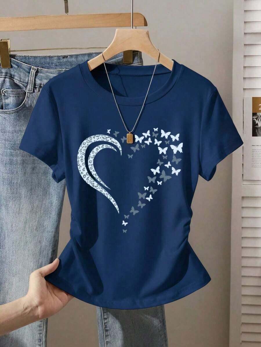 Blusa corta con estampado de corazón, cintura fruncida y ajuste casual para mujer.Versátil y adecuada para el verano, vuelta al colegio, uso diario y vacaciones - Azul marino 2 - Ver 1