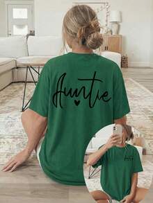 Women's T-Shirt With Double-Sided Front/Back Print - Short Sleeve, Round Neck, Casual Style, Suitable For Casual Wear, Machine Washable, With "Auntie" And Heart Print, Non-Blouse Style For Layering Or Wearing As A Top, 100% Cotton - 綠色 - 查看 12