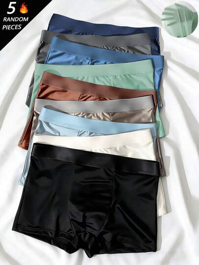 5pcs/Pack Men's Solid Color Casual Briefs, Elastic Sports Icy Silk Shorts, Daily Casual Underwear, Solid Color Semi-Sheer Briefs, Suitable For Cycling, Fitness, Daily Casual Wear, Home Wear, Men's Gift, Suitable For Holidays, Valentine's Day, Anniversary To Give To Boyfriend