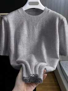 Men's Casual Versatile Solid Color Short Sleeve Knit Top, Suitable For Daily Wear And Commuting - Grey - View 2