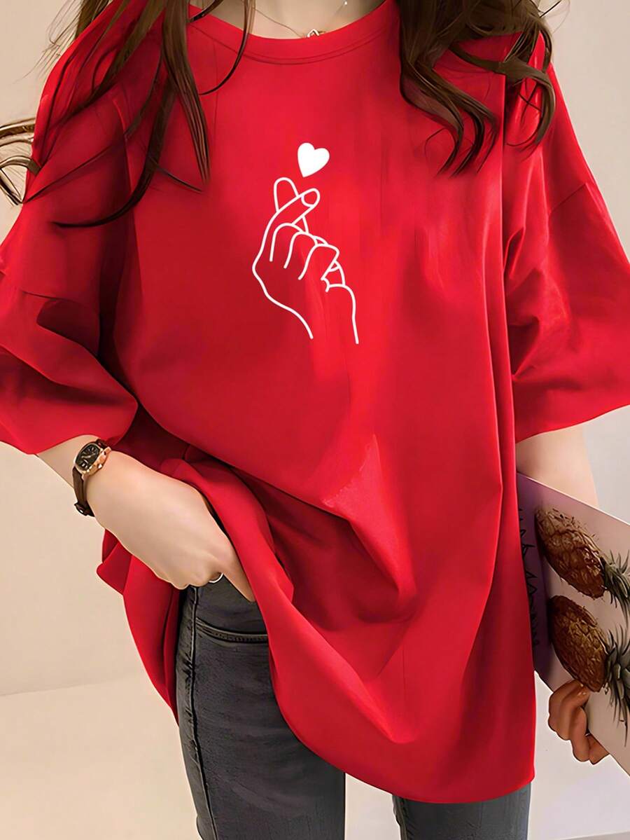 Plus Size, Women's Oversized T-Shirt - Korean Style And Heart Print, Short Sleeve, Round Neck, Breathable Summer Casual Blouse, 1XL-5XL (Machine Washable, Unisex Fit) - 鮮紅色 - 查看 1