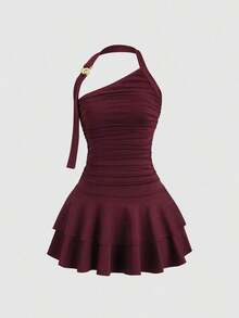 Nuevo estilo de vestido mini para mujer con falda acampanada, decoración de metal en espiral en el cuello halter y la cintura - Burdeos 2 - Ver 6