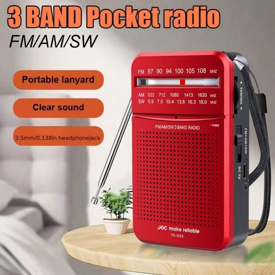 便携式袖珍收音机，FM/MW/SW 三频段，信号强劲，电池供电，便携式扬声器收音机，可充电版本，带高清显示屏，适合室内外使用，步行、慢跑和健身 - 内置 500mAh 锂离子电池 - 查看 1
