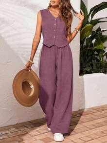 Frenchy Set de 2 piezas para mujer de top sin mangas y pantalones de estilo casual con un solo botón, para verano - Rojo violeta 2 - Ver 3