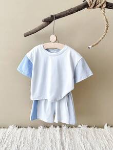2pcs/Set Unisex Baby/Toddler Casual Solid Color Patchwork Short Sleeve T-Shirt And Shorts Summer Outfit - Blue - View 12
