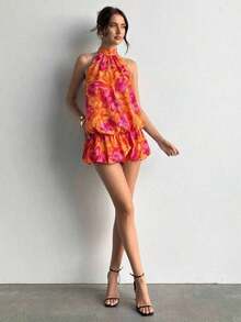 casual de verano para mujer con cuello halter, unicolor y volantes en el bajo - Naranja 2 - Ver 8