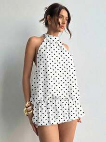 casual de verano para mujer con cuello halter, unicolor y volantes en el bajo - Blanco 2 - Ver 6