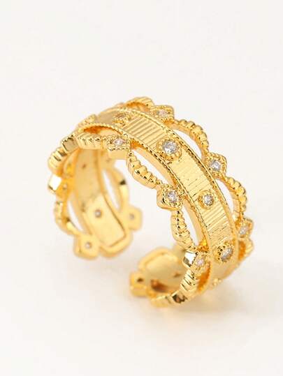 1 chiếc nhẫn hở có thể điều chỉnh, nhẫn bản to mạ vàng đính đá Zirconia, men đỏ, bề mặt mài mờ và có vân, phong cách cổ điển, tối giản và cá tính, trang sức có thể đeo chồng lên nhau dành cho nữ.