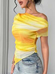 Camiseta de manga corta con hombros oblicuos y estampado de teñido anudado para mujer - Amarillo - Ver 4