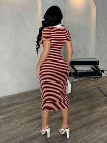 Vestido polo de manga corta a rayas blanco y negro de estilo minimalista y casual para ir al trabajo, vestido de punto de media longitud con ajuste ceñido y gran elasticidad, vestido elegante francés - Marrón - Ver 2
