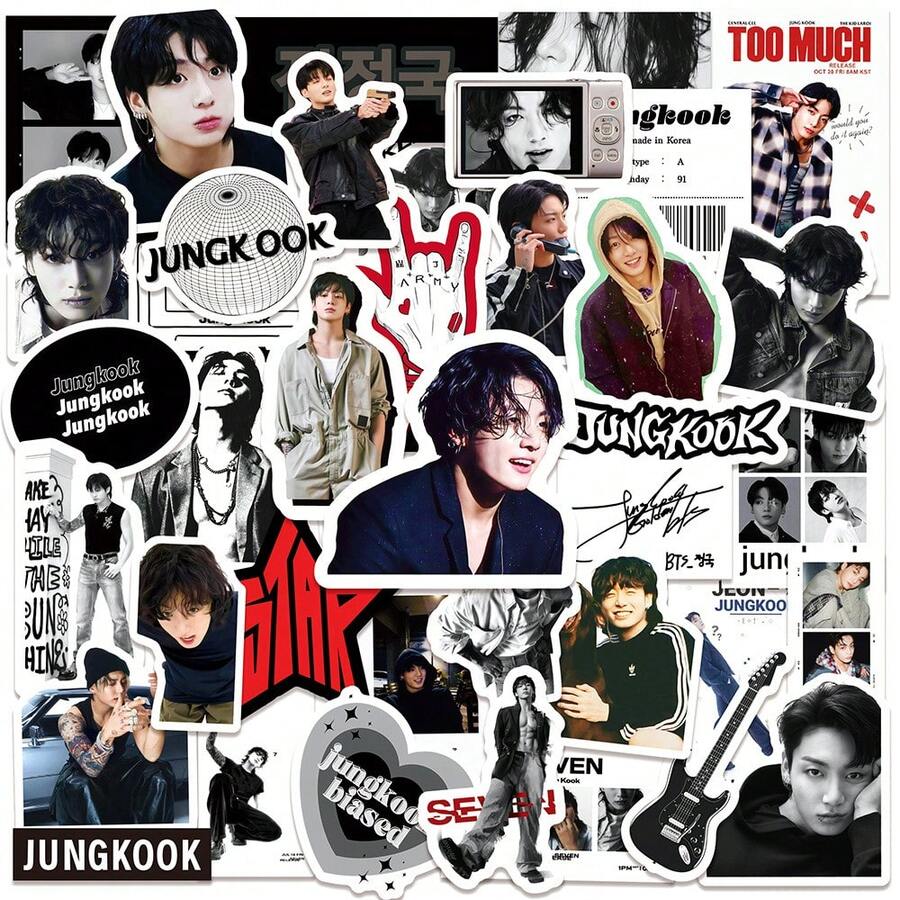 50張 Jung/K00k INS風格標籤貼紙,適用於日記本、筆記本、滑板車和水杯。多款獨特設計不重複。送給同好粉絲的絕佳禮物,打造可愛粉絲空間的完美選擇。 - 彩色 - 查看 1