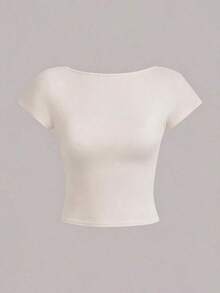 Camiseta corta con escote en la espalda, acolchada y ceñida, ideal para el verano - Caqui - Ver 2