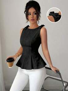 blusa de mujer con estampado floral de textura tejida, con tirantes con lazo, diseño de dobladillo con volantes en la cintura, elegante y versátil para vacaciones y uso casual - Negro - Ver 1