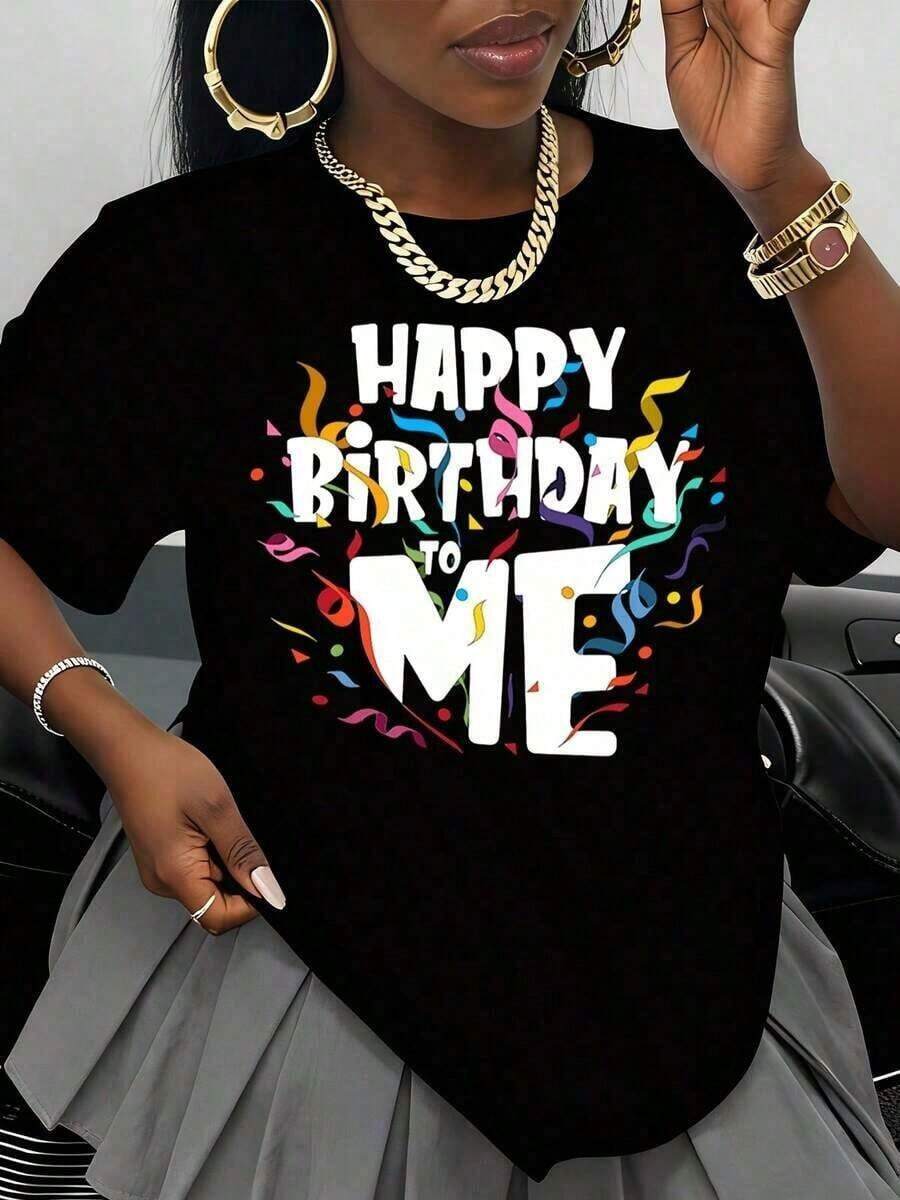 1 pieza Camiseta "Feliz Cumpleaños a Mí" para Mujer, Regalo de Celebración de Cumpleaños, Ropa de Fiesta, Camiseta Gráfica Divertida, Top Casual Unisex, Color Blanco, Diseño Festivo para la Temporada de Cumpleaños, 180g Algodón 100%. - Negro - Ver 1