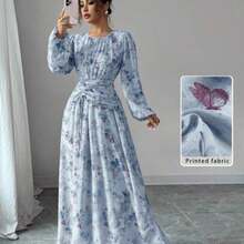 Women's Summer Chiffon Butterfly Print Ruched Round Neck Long Sleeve Dress Modest Dress Floral Dress Maxi Dress Printed Dress Yellow Floral Dress For Women Yelloe Dress Zanzea Dress For Women Ycv9w Discount Code For Woman Dress - Azul - Ver 1