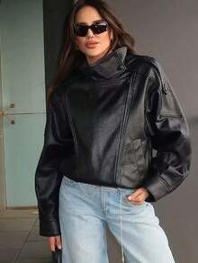 Chaqueta de cuero de textura de lichí versátil y minimalista de estilo europeo y americano para mujer, de alta gama, para el otoño/invierno - Negro 2 - Ver 5