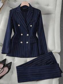 Conjunto de traje a rayas, chaqueta de traje casual de doble botonadura y pantalones de corte slim, estilo versátil adecuado para diversas ocasiones, negocios y vacaciones en primavera blanca - Azul marino - Ver 7