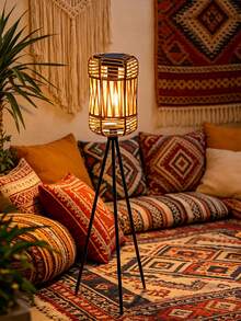 1PC Boho Rustic Solar Rattan Floor Lamp, Home Garden Patio Balcony Decor, Hand Woven Shade Iron Tripod Stand, Indoor & Outdoor Universal Light, Daily Holiday Party Decoration, Festival Gift, Home Renovation Must-Have - Multicolor - View 13