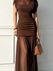 Vestido elegante y sexy de unicolor con volantes de malla, dobladillo plisado, adecuado para la playa, citas nocturnas, bodas, fiestas de cumpleaños, primavera/verano - Marrón - Ver 4