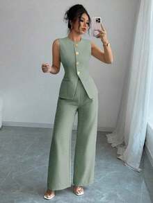 Traje casual/de oficina elegante de mujer con decoración de botones con estampado floral - Verde 3 - Ver 3