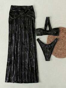 Conjunto de traje de baño de 3 piezas para mujer, con camiseta sin mangas de estilo casual y elegante con estampado de lunares en blanco y negro, bikini con tanga y volantes con lazo y abertura alta, esencial para la playa, vacaciones y fiestas - Negro - Ver 2