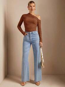 Camiseta Ajustada De Cuello Asimétrico Y Con Pliegues Y Perspectiva Para Mujeres - Óxido marrón - Ver 8