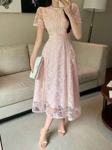 Vestido corto con adorno de encaje en las mangas, vestido mini elegante y refinado - Rosa vieja - Ver 6