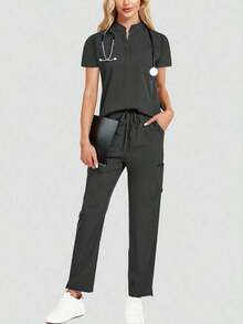 Conjunto de uniforme azul marino para mujer, hecho de tela de alta calidad y transpirable, adecuado para deportes, enfermería y trabajo, con bolsillos, perneras acampanadas, conjunto de uniforme de moda, adecuado para clínicas dentales, conjunto de unifor - Gris - Ver 3