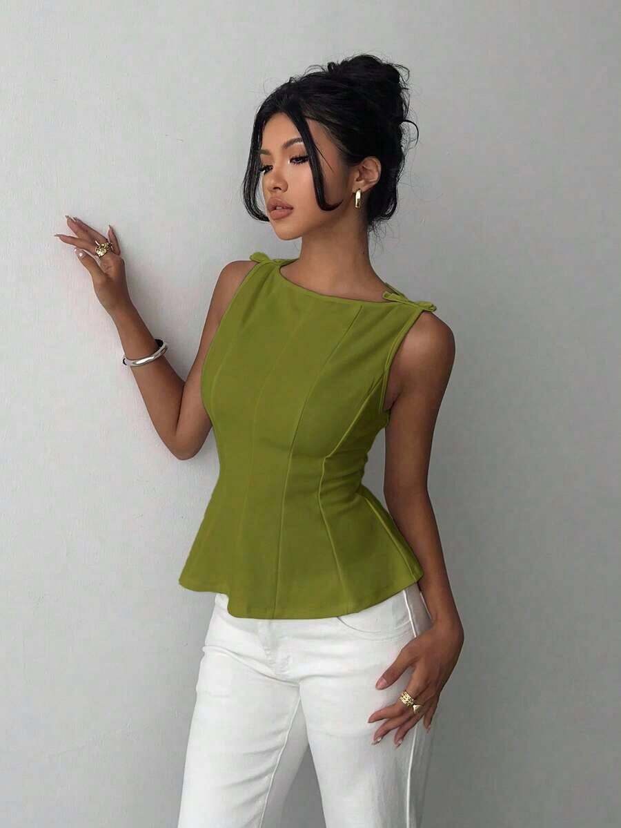 sin mangas elegante para ir al trabajo, diseño minimalista - Verde - Ver 1