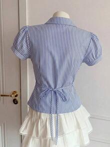 Camisa casual de mujer de manga corta abullonada, de un solo pecho, a rayas azules, ropa de verano - azul real - Ver 2
