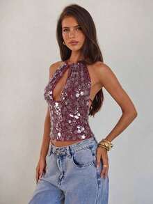 Nuevo camisol de tirantes finos con espalda descubierta y lentejuelas rosas para mujer, elegante y sexy, ideal para el Día de San Valentín, fiestas y viajes - Granada - Ver 5