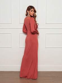 PAETE CLOTHING Elegant Long-Sleeved Party Dress For Bridesmaids And Weddings, V-Neck, Front Slit, Romantic Knit Fabric. - Đất nung - Xem 3