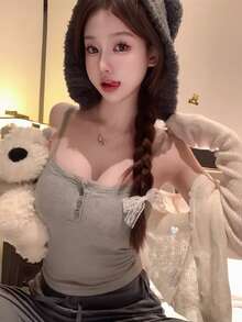 女士蕾丝吊带背心，性感修身短款背心，适合夏季穿着，可叠穿或外穿，休闲百搭。 - 灰色 - 查看 5