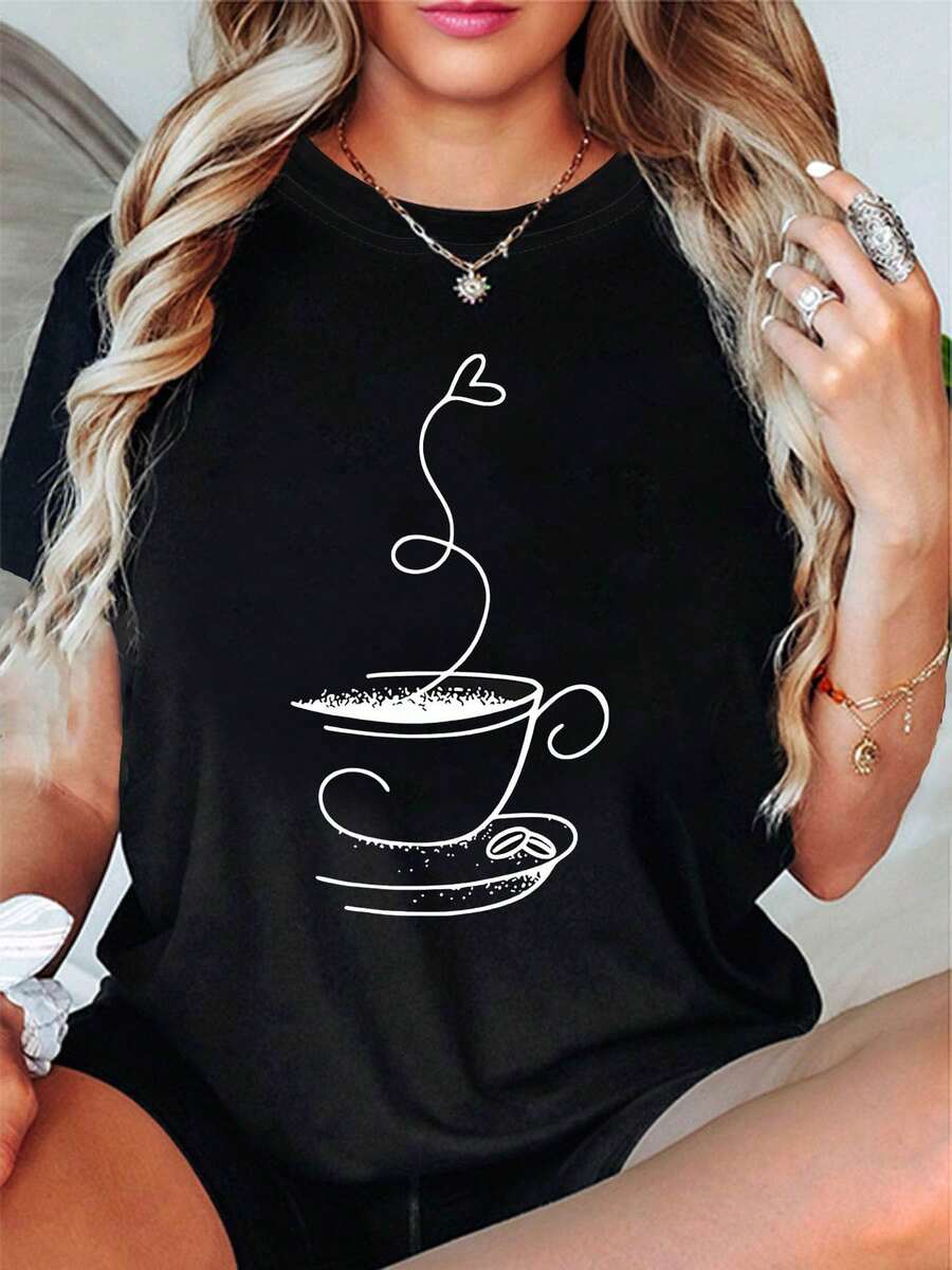 Camiseta suave 100% algodón, talla grande, con estampado gráfico de taza de café, camiseta de mujer de talla grande, manga corta, cuello redondo, top casual para verano y primavera, ropa de mujer, camiseta de algodón transpirable, combina con todo. - Negro - Ver 1