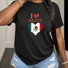Women's Casual Polyester T-Shirt With Round Neck And Heart Design With Mexican Flag, Comfortable Short Sleeve T-Shirt For Daily Wear And Travel, Lightweight And Durable For Young Ladies - 黑色 - 查看 6